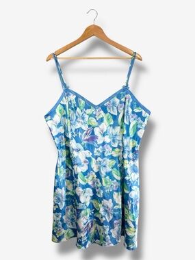 Delicates Blue Floral Slip Dress Size XL Split Front Double Bow Strap Chemise